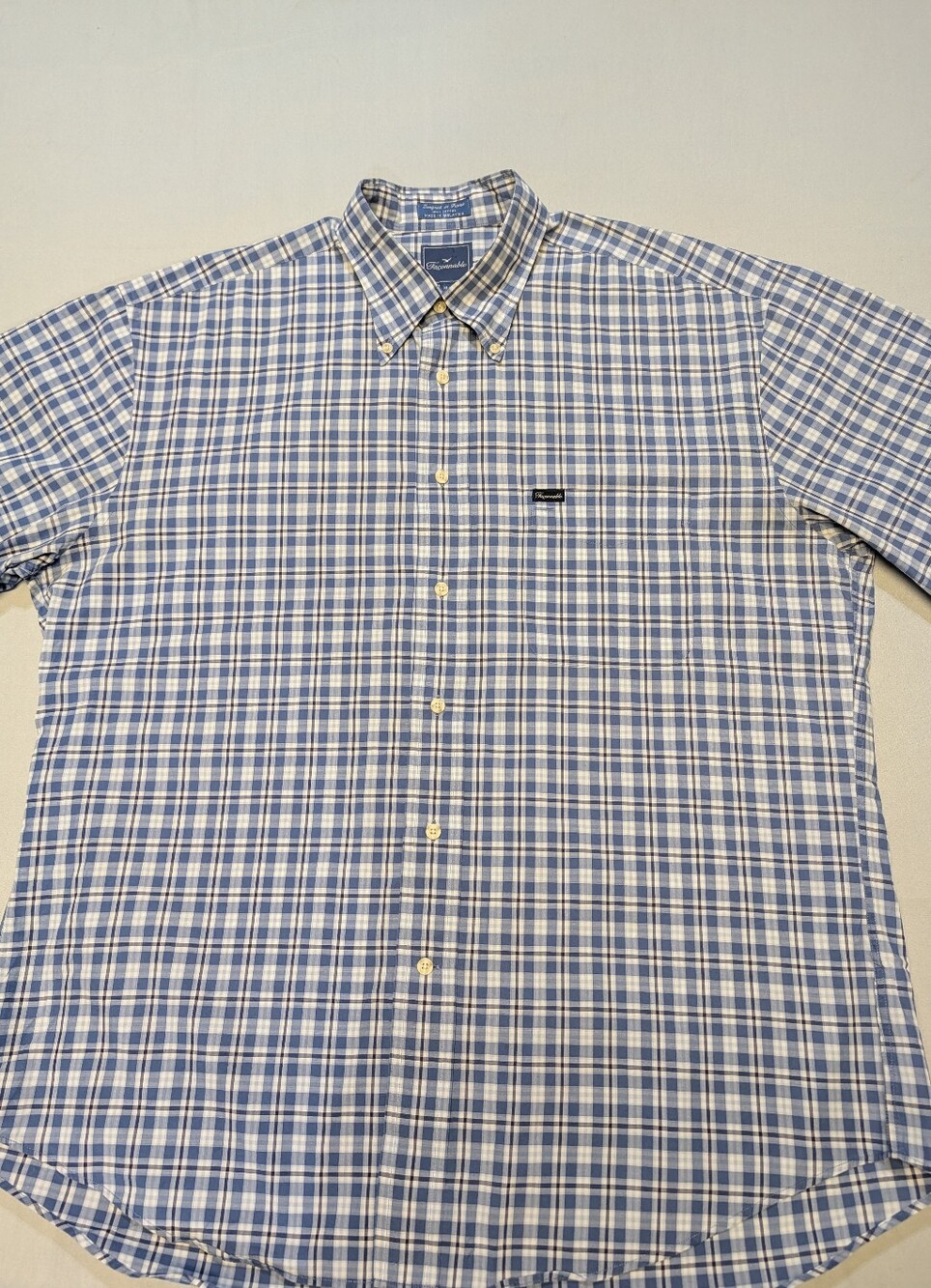 Faconnable Shirt Men's XL Blue White Plaid Button-Down Short-Sleeve 100% Cotton